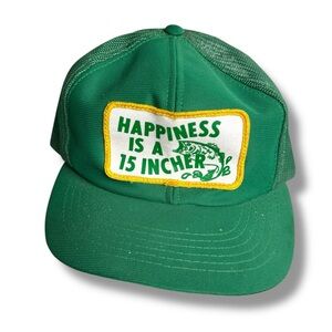 Vtg youngan Happiness is a 15 incher Green Trucker Hat baseball cap mesh fishing